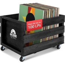 Caisse Range en Bois Retro 100 Disques Vinyles Rangement avec 4 Roulettes Noir