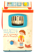 Jouet ancien machine à laver en étain Yonezawa Wind-Up années 60 Japon Rare c...