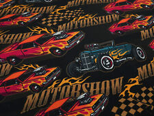 Tissu coton jersey salon de l'automobile voitures anciennes noir orange rouge...