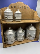 Ancien ensemble pots à épices aluminium + étagère bois, déco cuisine vintage