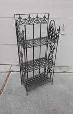 Vintage Rustic Wrought Iron Metal Folding Book Shelf Bakers Rack Etagere Stand