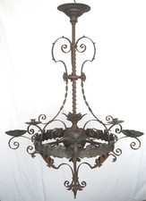  Large antique wrought iron, zinc and copper 6 light chandelier, 19th century