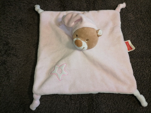Doudou plat ours bonnet rose