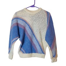 Vintage Vaka Icelandic Wool Small Sweater Cream Asymmetric Stripe Apres Ski 