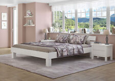 Grand lit double en hêtre massif 200x200 lasuré blanc, accessoires optionnels