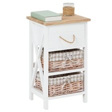 Table de chevet nuit 1 tiroir 2 paniers bois paulownia shabby chic naturel blanc