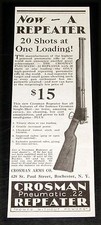 1929 OLD MAGAZINE PRINT AD, CROSMAN .22 PELLET RIFLE, NOW A REPEATER, 20 SHOTS!