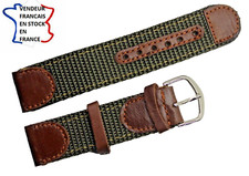 Bracelet montre ;20mm ;TISSU VERT épaulé CUIR MARRON ,SURPIQUE et doublé / 004