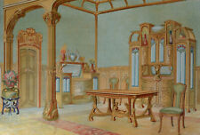 PRINT 1900 Art Nouveau Dining Room Rococo Barcelona F.Seix Ebanista Moderno