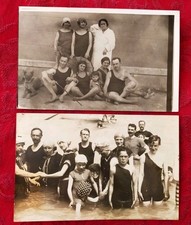 Two Photo Cards: Groups of Bathers with Dog and Umbrella Early 20th Century