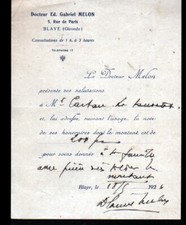 BLAYE (33) CABINET MEDICAL "Gabriel MELON Docteur" Facture en 1926