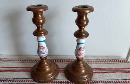 Paire bougeoirs anciens en - de,