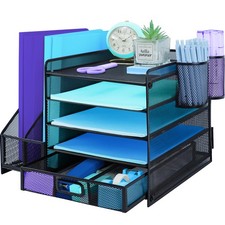 Organiseur de bureau avec 2 porte-stylos, bac à courrier à 5 niveaux avec tir...