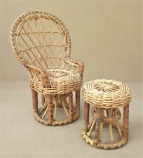 Ancien MOBILIER DE POUPEE jouet OSIER vintage FAUTEUIL "Emmanuelle" table basse