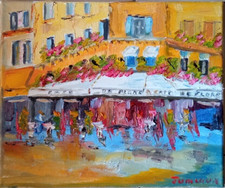 PARIS BRASSERIE LE CAFE DE FLORA PAINTING SIGN TWINS JEAN PIERRE