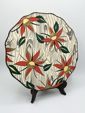 Longwy dish stylized floral decor on wooden background, enamels, 20th century