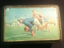 OLD LITHO SHEET METAL SUGAR BOX FOOTBALL GOAL CATCH BALL Signed Brand 