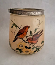 Stunning Antique Enameled Glass Cookie Jar Metal Strapping Bird Decor