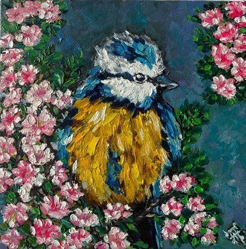 Peinture mésange fleurs - , art
