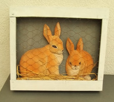 CADRE VITRINE BOIS 2 LAPINS BOIS PAILLE ET GRILLAGE