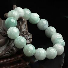 Certified 13mm Green Natural Burma A Jade jadeite Carved Lotus Beads Bracelet