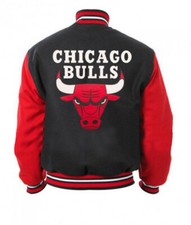 Vintage Chicago Bulls Letterman Varsity Blouson NBA Noir et Rouge Laine Sport
