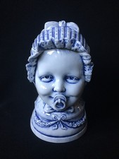 Important POT À TABAC Forme TÊTE DE BÉBÉ À LA TÉTINE Porcelaine Émaillée Boîte