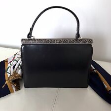 Sac À Mains Cuir Noir Bordure Argentée Fermoir Simple France Vintage Mid Century