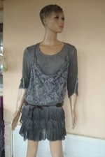 ROBE TUNIQUE VOILE ET DENTELLE GRISE + CEINTURE NEUVE T 38/40/42