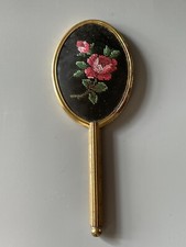 Small Gold Metal Oval Hand Mirror Pink Flowers Embroidered on Black Background