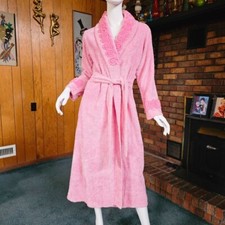 Vtg 80s 40s Chenille Bubblegum Pink Cupcake Swirls Belted Bath Dressing Robe S/M
