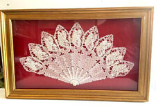 Ancien Éventail Pergamano Design Art Fait Main Cadre Bois Doré Loisir Créatif