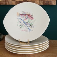 6 Antique Salins France Vintage Oval Earthenware Fish Plates