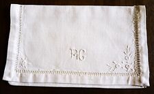 Antique Hand Embroidered Towel Holder/White Linen Festoon Pouch/Flowers/Days/AG