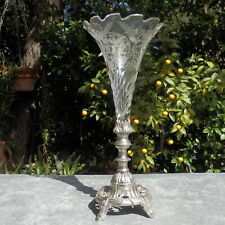 CORNET CENTER OF TABLE era 1900 CRYSTAL ENGRAVED ON FOOT SILVER RULER 