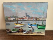 Antique oil on canvas painting J.B Maurice VECKER 1899-1988 small fishing port