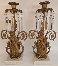 2 Girandole Brass Candle Holders w/ Marble base & Crystal Prisms Read Item Desc