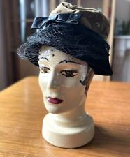 Vintage Women's Black Velvet Brown Top Hat with Black Veil & Knot