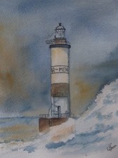 Aquarelle originale signée paysage de Bretagne "Phare AR-MEN"
