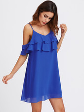 ROBE BLEU FLUIDE DECOLLETE VOLANT EPAULE NU FINE BRETELLE  L 38 40 42 NEUF