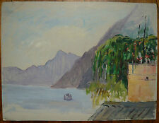 Ancienne Huile sur Papier Paysage ITALIE Oria Lac LUGANO Pédalo Tableau Dessin