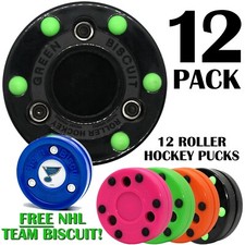 Green Biscuit Roller Hockey Puck 12 Pack Multi Color with Free NHL Puck