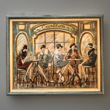 PEINTURE HUILE SUR PANNEAU CAFÉ AU CARLTON PARIS STYLE ART DÉCO DANIEL CALARCO