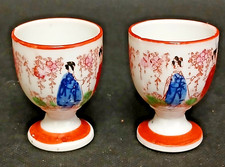Pair of Japanese Geisha and Cherry Decorated Egg Cups