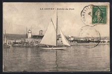 Old postcard La Ciotat, entrance to the port with sailboat 