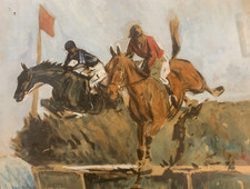 Antique Oil Horse Racing Horses Jumping Equestrian Sport Signed
