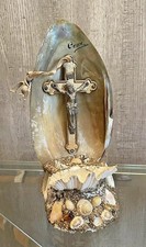 DI / BENITIER VINTAGE JESUS CHRIST EN COQUILLAGE NACRE CROIX RELIGION ÉGLISE
