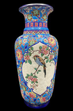 Old French Longwy Earthenware Vase Polychrome Enamel Bird Flowers Decor 20th C