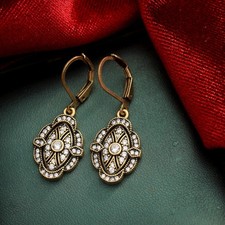 Boucles d'oreilles Doré Vieilli Dormeuses Style Art Deco Feuille CZ  Blanc SB8