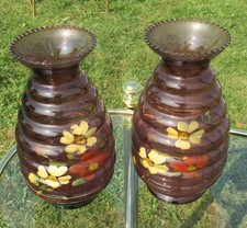 Couple Doyen Art Deco Purple Amethyst Hooped Vases Painted Flowers Very Rare